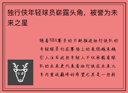 独行侠年轻球员崭露头角，被誉为未来之星